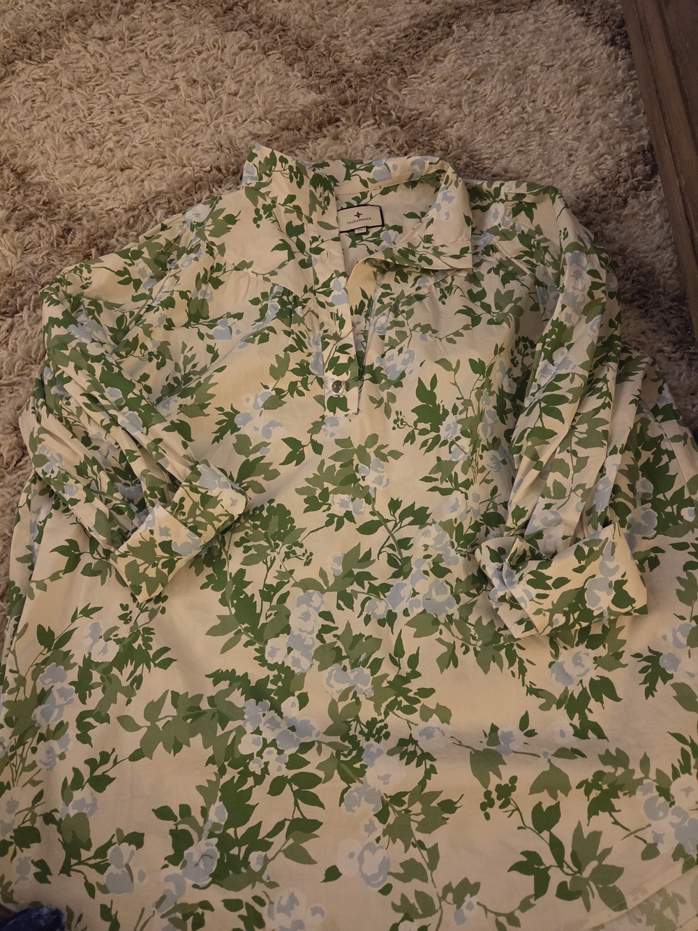 Tuckernuck Cream Blouse with Green and Light Blue Floral Print